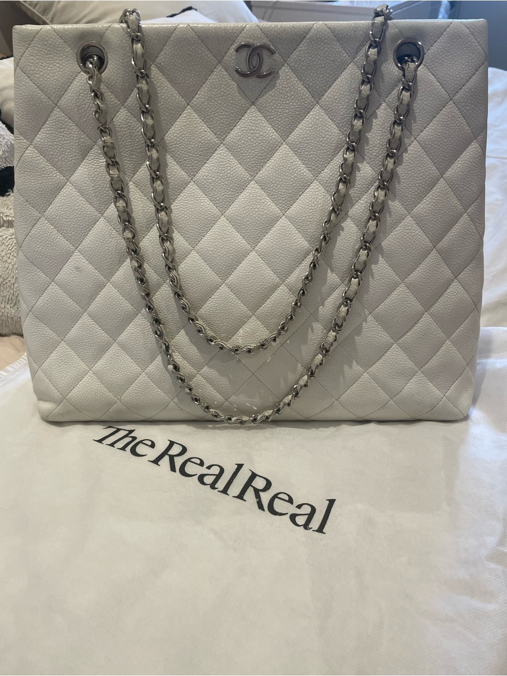 CHANEL White Quilted Chain-Handle Tote